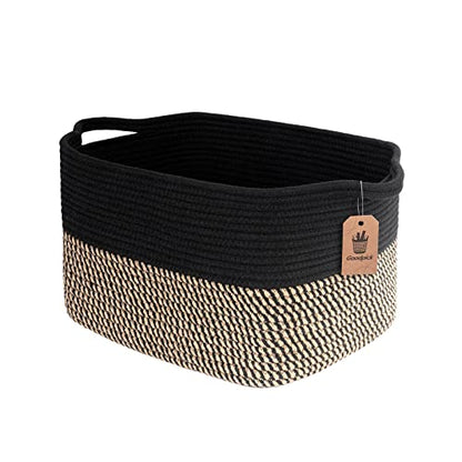 Goodpick Woven Storage Basket for Shelves, 13" x 10" x 9", Black Jute | Stylish Gift Basket for Office & Home, Wicker Baskets for Books, Toys & Towels Storage, Nursery & Bedroom Closet Organization