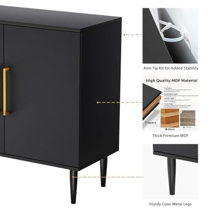 Vrullu Modern Storage Cabinet, Free Standing Buffet Cabinet, Black Sideboard and Buffet Storage, Wood Accent Furniture for Living Room, Hallway, Entryway, Dining Room (1, Black)