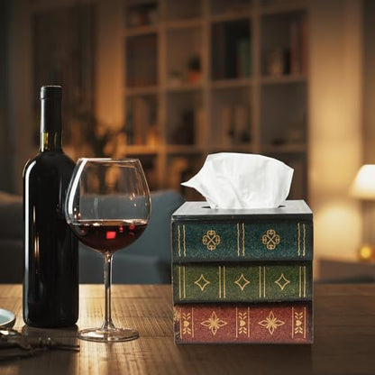 Crafted Classical Retro Wooden Antique Book Tissue Box Cover Square Tissue Holder Dispenser Paper Cover Case Napkin Holder Home Decor for Bathroom Living Room Office car Kitchen (Green)