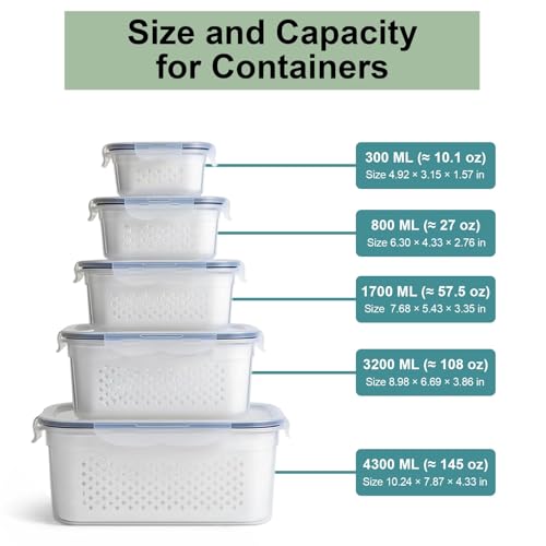 5 Pack Large Fruit Storage Containers for Fridge with Removable Colander | Plastic Food Storage Containers with Lids Airtight-Leak Proof Refrigerator Organizers and Storage of Vegetable
