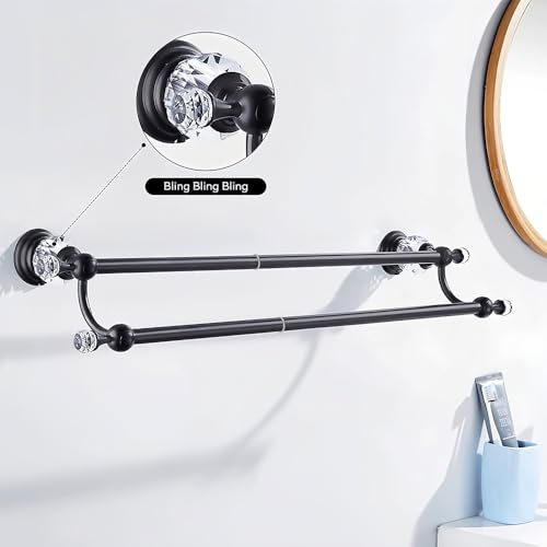 Crystal Black Towel Holder Double Adjustable Towel Bar 13 to 25 Inch, Towel Rack Rail for Bathroom Wall Mounted