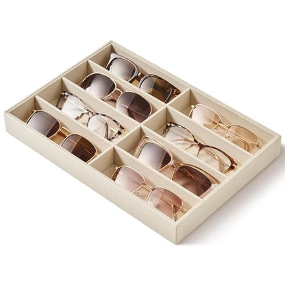 pickpiff Drawer Sunglass Organizer & Display Tray: 1 Pcs 8 Grids Velvet Scratch-Free Eyeglasses Case (13.8x9.4x1.6inch) - Soft Beige Glasses Storage Holder Box for Men & Women