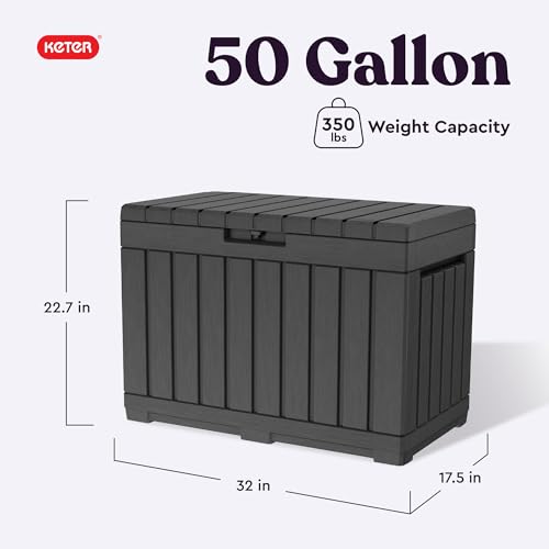 Keter Kentwood 50 Gal Outdoor Storage Box and Patio Side Table | Grey, Resin, Compact, Weatherproof, Lockable, Durable, Easy Assembly, Organization, Patio Cushions Storage