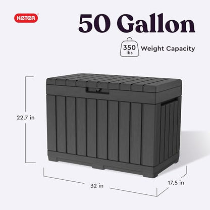 Keter Kentwood 50 Gal Outdoor Storage Box and Patio Side Table | Grey, Resin, Compact, Weatherproof, Lockable, Durable, Easy Assembly, Organization, Patio Cushions Storage