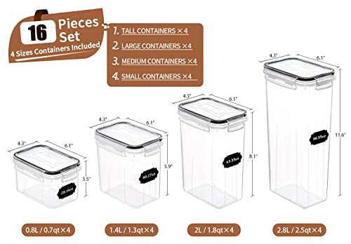 PRAKI Airtight Food Storage Containers Set, 16 Pcs BPA Free Plastic Dry Food Canisters for Kitchen Pantry Organization and Storage Ideal for Cereal, Flour & Sugar - Labels, Marker(Black)