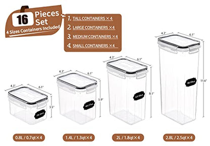 PRAKI Airtight Food Storage Containers Set, 16 Pcs BPA Free Plastic Dry Food Canisters for Kitchen Pantry Organization and Storage Ideal for Cereal, Flour & Sugar - Labels, Marker(Black)