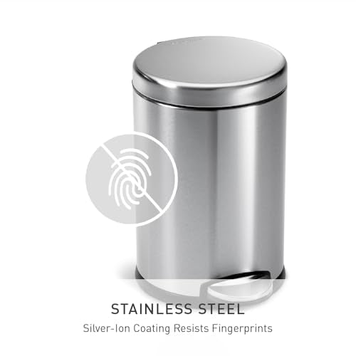 simplehuman Round Step Can, 4.5L / 1.2 Gallon Compact Bathroom Trash Can, 150,000-Step Pedal, Lid Shox® Silent Close, Removable Inner Bucket, Brushed Stainless Steel