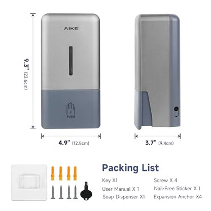 AIKE Liquid Commercial Soap Dispenser,27oz for Bathroom Sleek Silver,AK1006 | No-Drill and Screw Dual Wall Mount Install Design for Space-Saving,Easy Push Easy Refill and Large Capacity for Commercial