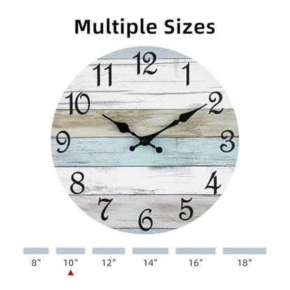 Wall Clock Silent Non-Ticking Battery Operated Rustic Coastal 10" | Analog Nautical Ocean Beach Themed Blue Nautical Ocean Kitchen,Bedroom,Bathroom,Home Bedroom