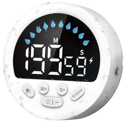 Waterproof Shower Timer for Bathroom Kitchen with Countdown Count-up, White | Large LED Display, 3 Brightness, 4 Volume, Battery Powered, Suction Cup Mounted Digital Stopwatch for Toilet Classroom