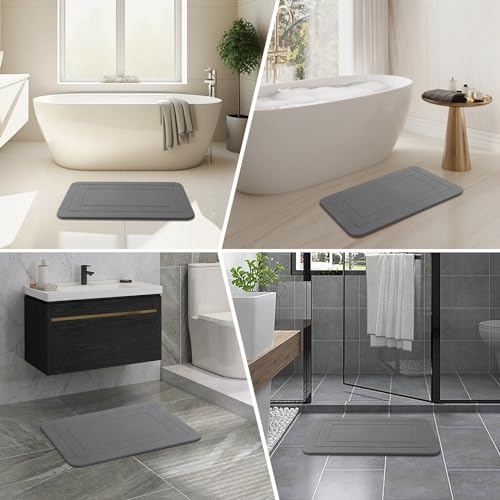 2 Pack Stone Bath Mat, Diatomaceous Earth Shower Mat, Non-Slip Super Absorbent Quick Drying Bathroom Kitchen Floor Mat (Grey, 24x15)