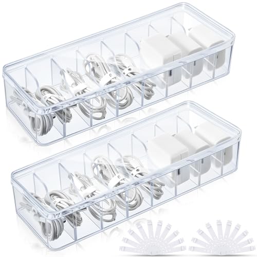 Tatuo 2 Pcs Cord Organizer for Drawer Desktop, Cable Organizer Box with 8 Compartments and Wire Ties, Plastic Charger Storage with Lid, Electronics Case for Home Office Accessories (Small,Clear)