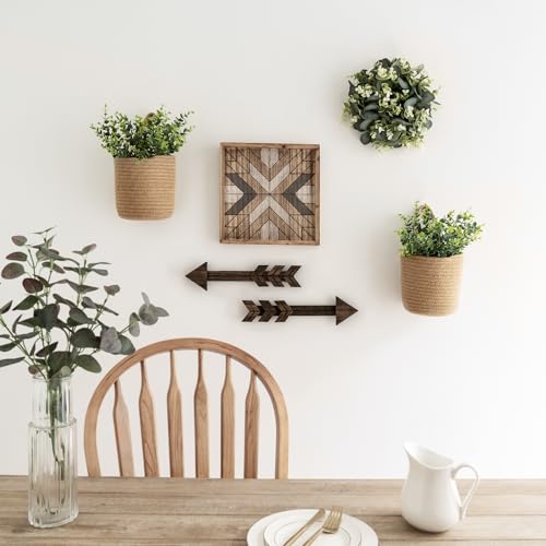 Dahey 2 Pack Woven Hanging Wall Basket 6.5"W×7"H with Artificial Eucalyptus | Easy Hanging Design, Jute Multi-Use Storage Basket, Holds Artificial Plants Flowers ＆ Utensils, Farmhouse Kitchen Wall Decor
