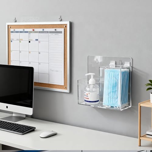 SEANADO Face Mask Dispenser and Hand Sanitizer Holder Stand Wall Mount or Countertop, Hygiene Station with 2 Compartment Clear Box Dispenser for Disposable Masks, Hairnets