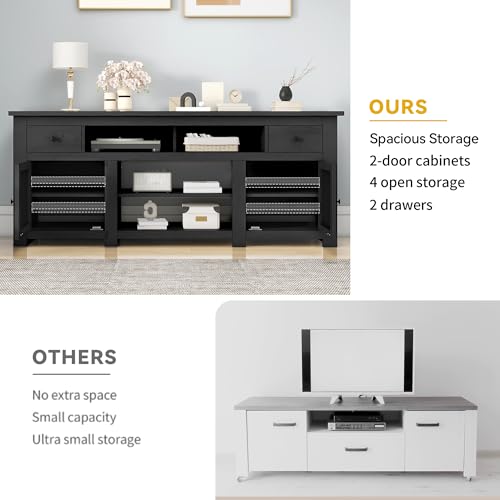 DWVO Farmhouse TV Stand with Power Outlet for 75"/80" TVs, Black | Entertainment Centers Furniture, TV Consoles with Storage Drawers, Rustic TV Stands for Living Room