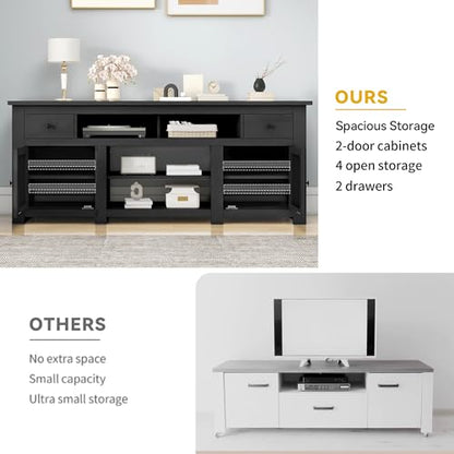 DWVO Farmhouse TV Stand with Power Outlet for 75"/80" TVs, Black | Entertainment Centers Furniture, TV Consoles with Storage Drawers, Rustic TV Stands for Living Room