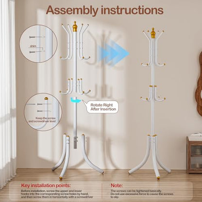Free-Standing Coat Rack Metal Stand Hanger 12-Hooks Organizer | Hall Tree Entry-Way Furniture for Hanging Up Jacket, Hand-Bag, Cloth, Hat, Winter Scarf Holder for Home or Office Floor