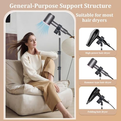Hands Free Hair Dryer Stand with Tripod, 23.6-47.2 Inch Adjustable Height, 180° Rotating Universal Clip, Foldable Metal Blow Dryer Holder for Bathroom Vanity Makeup Room Home Styling & Pet Grooming, Fits Most Hair Dryers