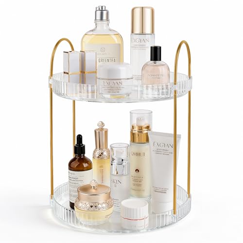 360° Rotating Makeup Organizer Large Capacity Perfume Tray, 2 Tier, Clear | Skincare Stand Holder Spinning Bathroom Counter Organizer Lazy Susan Turntable Storage for Dresser, Vanity, Kitchen