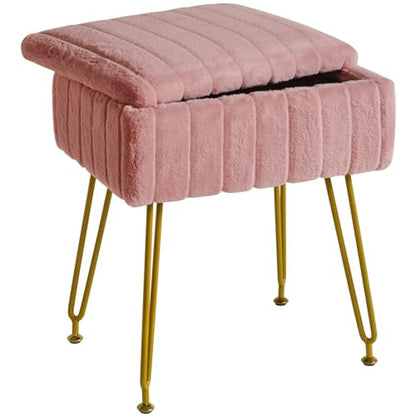 IBUYKE Vanity Stool Chair with Storage, Faux Fur Ottoman, Pink LG-50P | Footrest Footstool Small Side Table 4 Metal Legs Anti-Slip Feet Makeup Room Bedroom