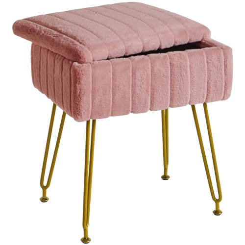 Vanity Stool Chair with Storage, Faux Fur Ottoman,... (Pink | Fabric Metal)