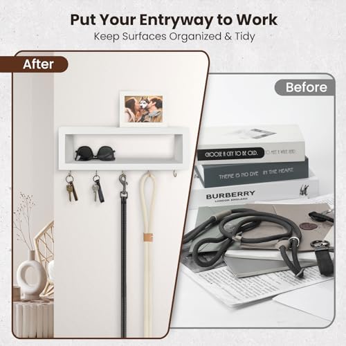 Lwenki Wall Shelf with Hooks - Decorative Key and Wallet Holder for Wall Holds Sunglasses, Leashes, Scarves and Lanyards - 15.7" x 5.1" x 2.9" Entryway Organizer Made of Paulownia Wood (White)