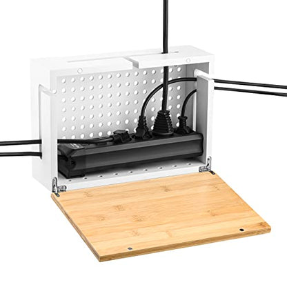 Bamboo Cable Management Box with Magnetic Lid - 12,6x7,8x4.3 in - Durable Cable Organizer to Hide Cords & Power Strip - Wall Mountable - Including Hardware - for Home, Office, Desk & More (White)