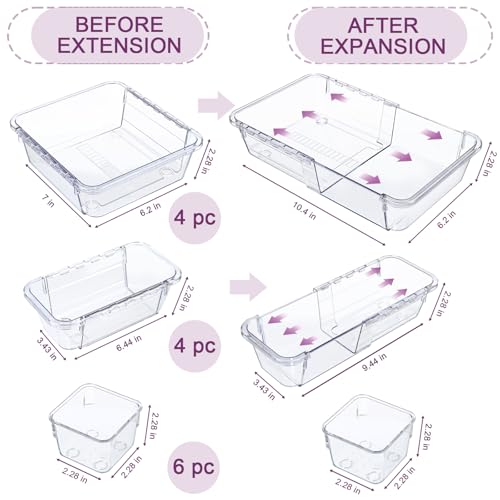 14 Pcs Clear Drawer Organizer, Adjustable Drawer Storage Box, 3-Size Desk Drawer Organizer, Acrylic Storage Bins for Makeup, Cosmetic, Kitchen Utensils, Bedroom Dressers Tool Organizer for Gadgets