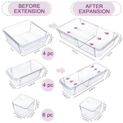 14 Pcs Clear Drawer Organizer, Adjustable Drawer Storage Box, 3-Size Desk Drawer Organizer, Acrylic Storage Bins for Makeup, Cosmetic, Kitchen Utensils, Bedroom Dressers Tool Organizer for Gadgets