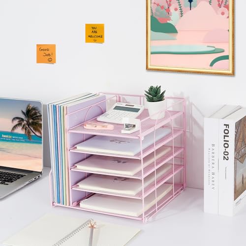 Desk Organizers and Accessories, 5-Tier Paper Letter Tray Organizer with File Holder, Desktop Organizer for Office Supplies (Pink)
