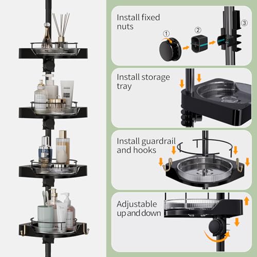 akinbas 360° Rotating Shower Caddy Tension Pole with 4-Tier Rustproof Lazy Susan 35-128 Inch No Drilling Coner Shelves Adjustable Shower Rack for Bathroom Bathtub Washbasin Plant Storage (Black)