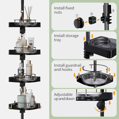 akinbas 360° Rotating Shower Caddy Tension Pole with 4-Tier Rustproof Lazy Susan 35-128 Inch No Drilling Coner Shelves Adjustable Shower Rack for Bathroom Bathtub Washbasin Plant Storage (Black)