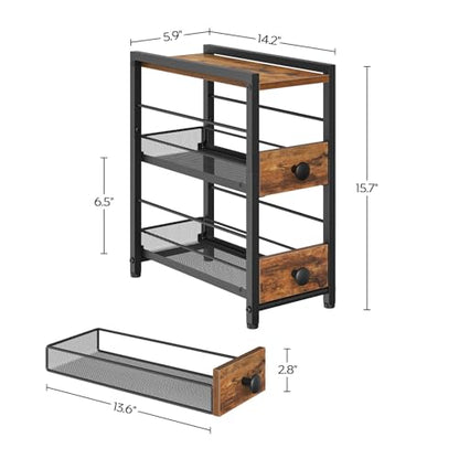 Spice Rack, 3-Tier Pull Out Spice Rack Organizer for Countertop, Narrow Kitchen Countertop Storage Shelf with 2 Drawers, for Kitchen, Cafe, Rustic Brown and Black SR02BR