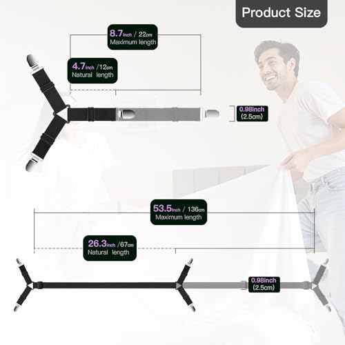 EasYoung 12PCS Bed Sheet Straps, Secure & Adjustable Fitted Sheet Holders for Full, Queen, King & More, Heavy Duty Nylon & Metal Clips