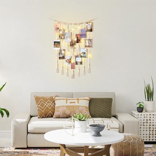 Mkono Hanging Photo Display, Boho Decor with String Lights, 30 Wood Clips | Ivory, Room Decor for Teen Girls, Macrame Wall Decor, Aesthetic Cards Artwork Holder, Bedroom Nursery Living Room Dorm