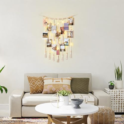 Mkono Hanging Photo Display, Boho Decor with String Lights, 30 Wood Clips | Ivory, Room Decor for Teen Girls, Macrame Wall Decor, Aesthetic Cards Artwork Holder, Bedroom Nursery Living Room Dorm