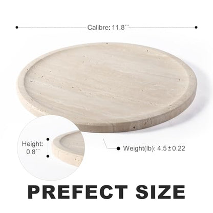 Travertine Tray, 11.8"x0.8" Round Serving Tray for Kitchen and Coffee Table, Bathroom Trays for Counter, Decorative Vanity Trays, Catchall Fruit and Snack, Light Beige Ottoman Tray