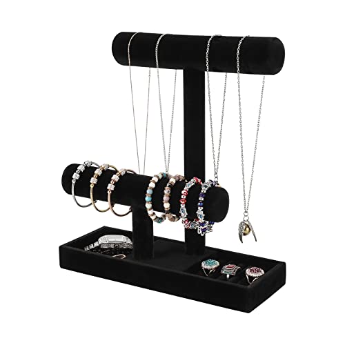 ByKen Necklace Holder,Bracelet Holder,Jewelry Organizer Stand with Earrings Rings Tray,Jewelry Holder for Scrunchie Watches (Black Velvet)
