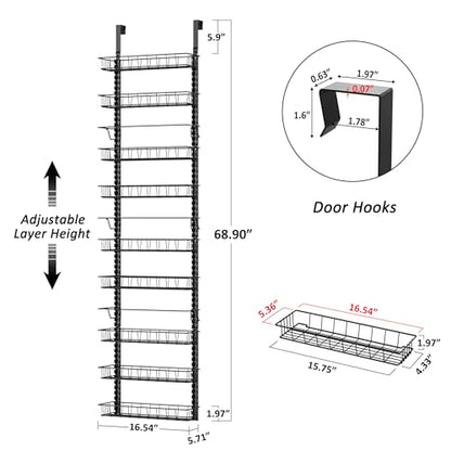 9 Tier Over Door Pantry Organizer, 2-in-1 Adjustab... (Black | Iron)