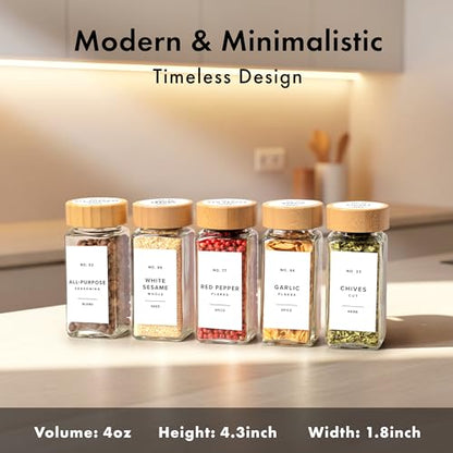 Glass Spice Jars with Label, 24x Bamboo Wooden Lids - White Labels