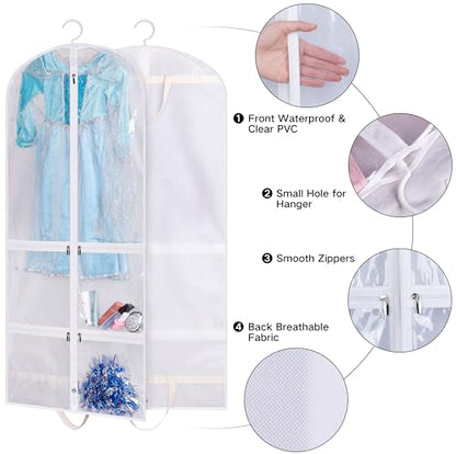 SLEEPING LAMB Clear Garment Bag for Dance Costume Kids 50 Inch Hanging Clothes Cover for Closet Storage With 4 Large Zipper Pockets for Ballet, Theatre, Competitions, 3 Packs, White