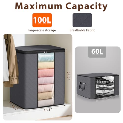 SpaceWhisper 3 Pack 100L Clothes Storage, Foldable Storage Bags, Grey | Thick Fabric, Clear Window, with Reinforced Handle, for Clothing, Blanket, Comforters, Bedding Organizing