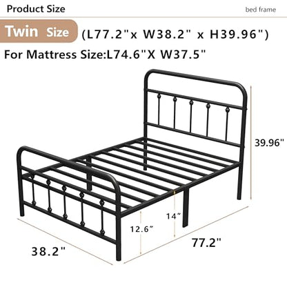 Vengarus Twin Metal Bed Frame with Victorian Headboard & Footboard, Black