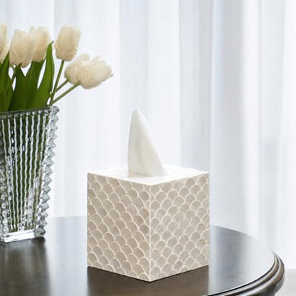 5.9" Capiz Shell Tissue Box Cover for Kleenex and More, Square Decorative Holder with Bottom Slider, Handmade Bathroom Accessory Coastal Décor (Natural)