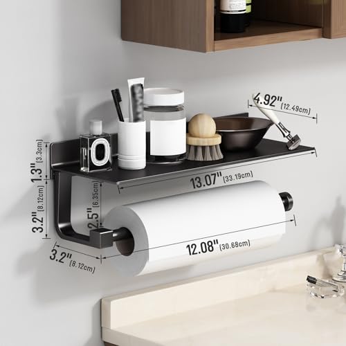 Wall Mount Paper Towel Holder with Shelf for Bathroom/Kitchen, Adhesive Hand Towel Holder, Matte Black