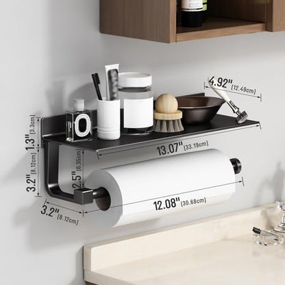 Wall Mount Paper Towel Holder with Shelf for Bathroom/Kitchen, Adhesive Hand Towel Holder, Matte Black