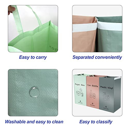 JIALAI HOME Separate Recycling Bin for Kitchen Home - Indoor Recycle Bins (Pink, Green, Gray) Waste Trash Sorting Bins, Reusable Waterproof Affordable Recycle Bags, Pack of 3 Bags