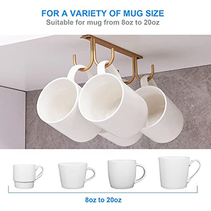 FOMANSH Mug Rack Under Cabinet - Coffee Cup Holder, 12 Mugs Hooks Under Shelf, Display Hanging Cups Drying Hook for Bar Kitchen Utensils Gold