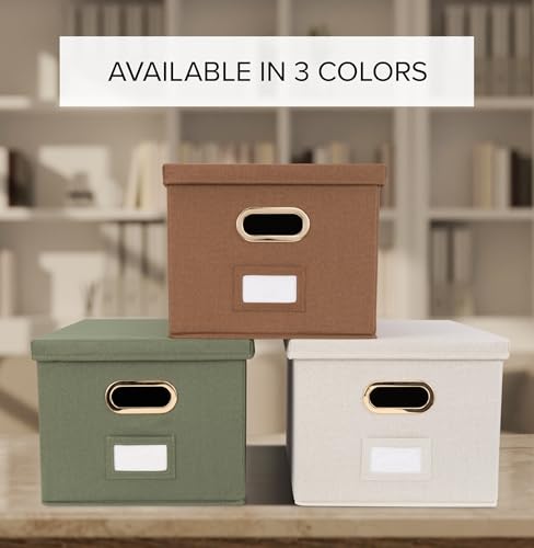 Decorative File Organizer Box Set of 2 - Collapsible Linen Filing Cabinets | Stores Documents and Hanging File Folders - Portable Office Crates with Lid and Handles for Easy Slide Access