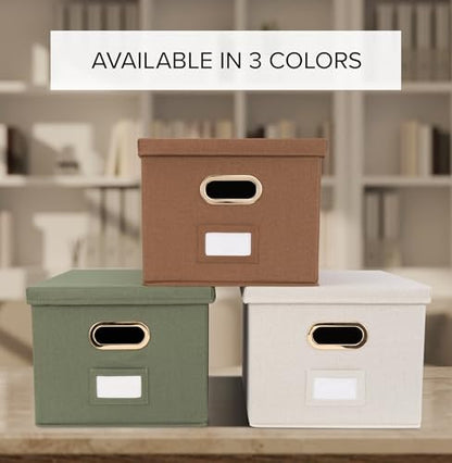 Decorative File Organizer Box Set of 2 - Collapsible Linen Filing Cabinets | Stores Documents and Hanging File Folders - Portable Office Crates with Lid and Handles for Easy Slide Access